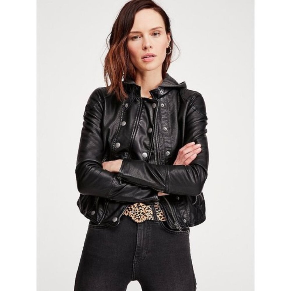 Free People New Dawn Hooded Vegan Leather Jacket Size Small